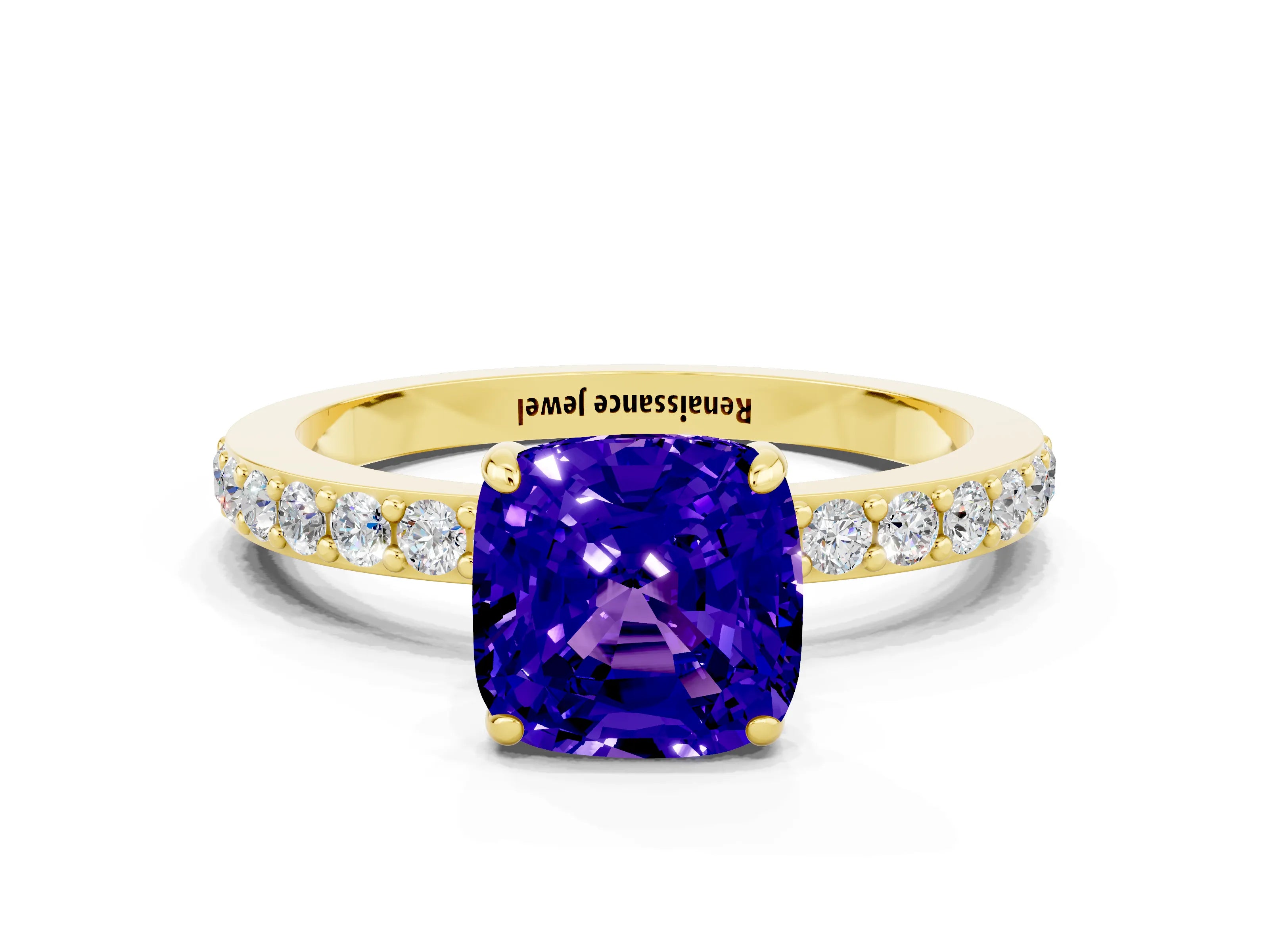 Yellow gold Cushion Cut Tanzanite Ring with Pavé Band and Four-Prong Setting
