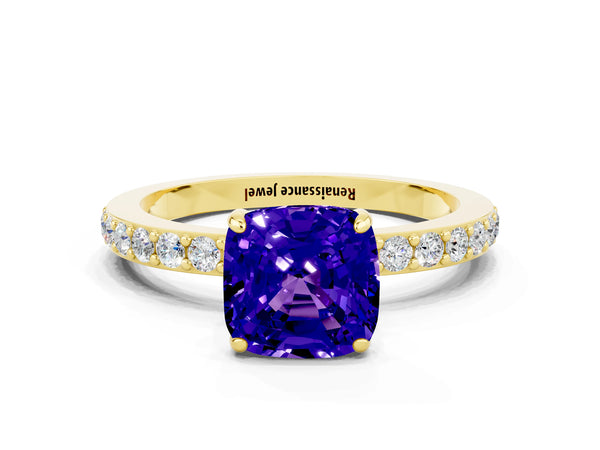 Yellow gold Cushion Cut Tanzanite Pavé Engagement Ring with Round  Accents and Prong Setting