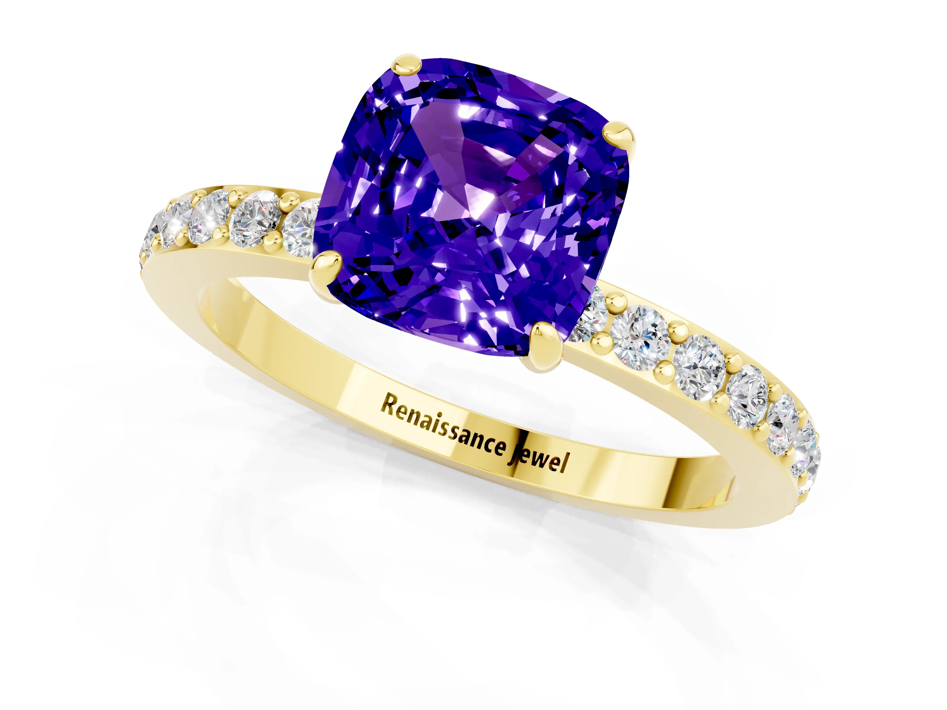Yellow gold Cushion Cut Tanzanite Ring with Pavé Band and Four-Prong Setting_1