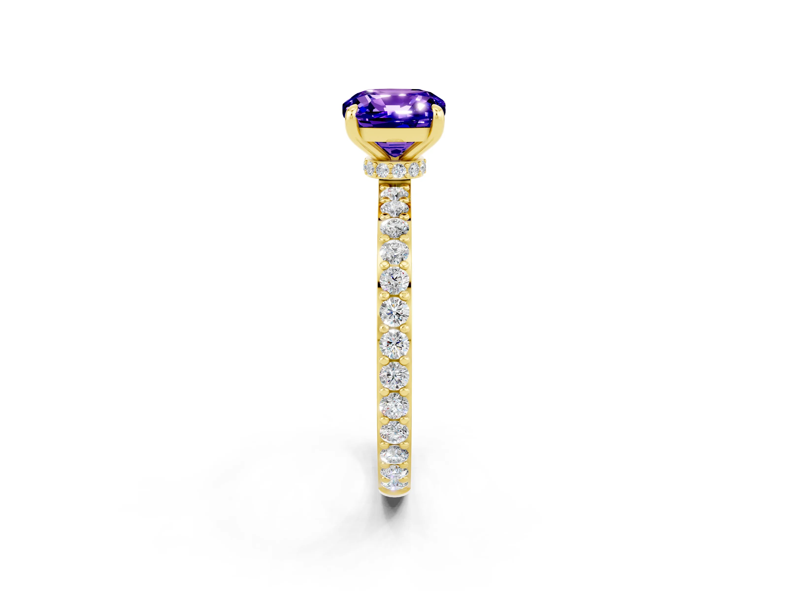 Yellow gold Cushion Cut Tanzanite Ring with Pavé Band and Four-Prong Setting_2