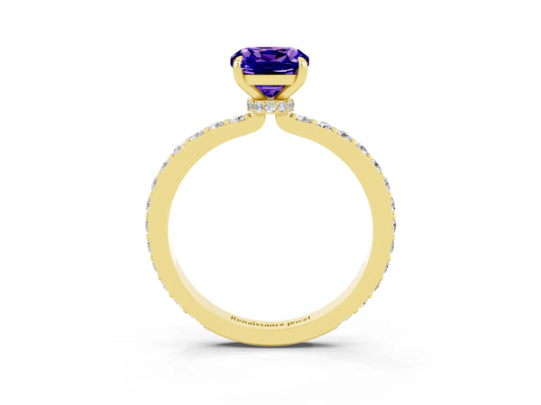 Yellow gold Cushion Cut Tanzanite Pavé Engagement Ring with Round  Accents and Prong Setting