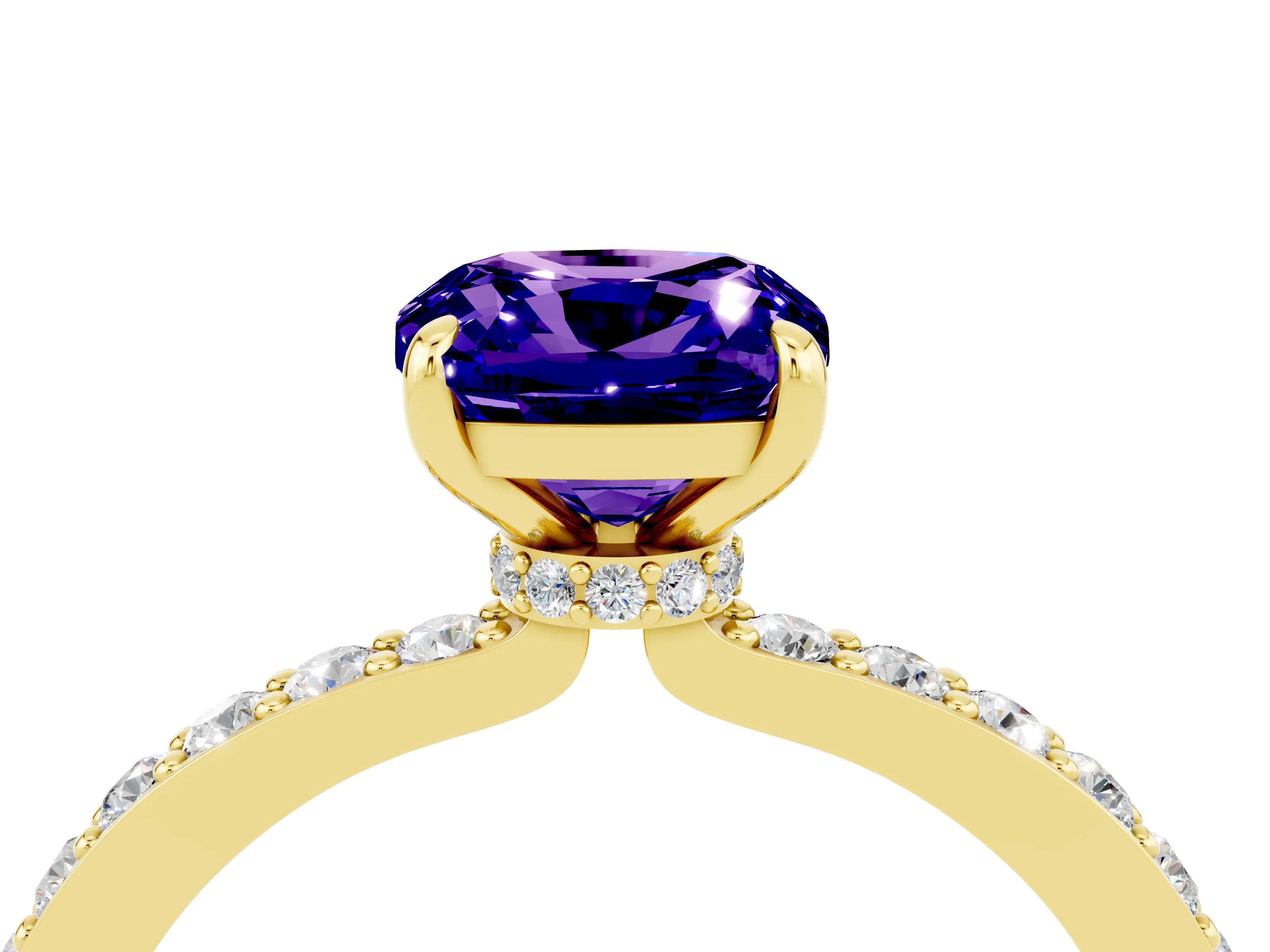 Yellow gold Cushion Cut Tanzanite Ring with Pavé Band and Four-Prong Setting_4