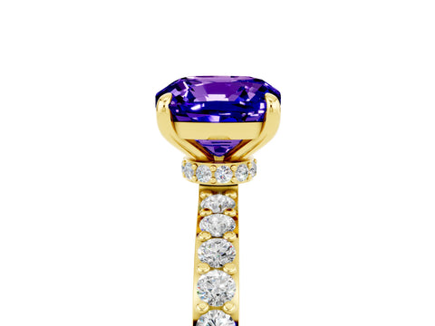 Yellow gold Cushion Cut Tanzanite Ring with Pavé Band and Four-Prong Setting_5
