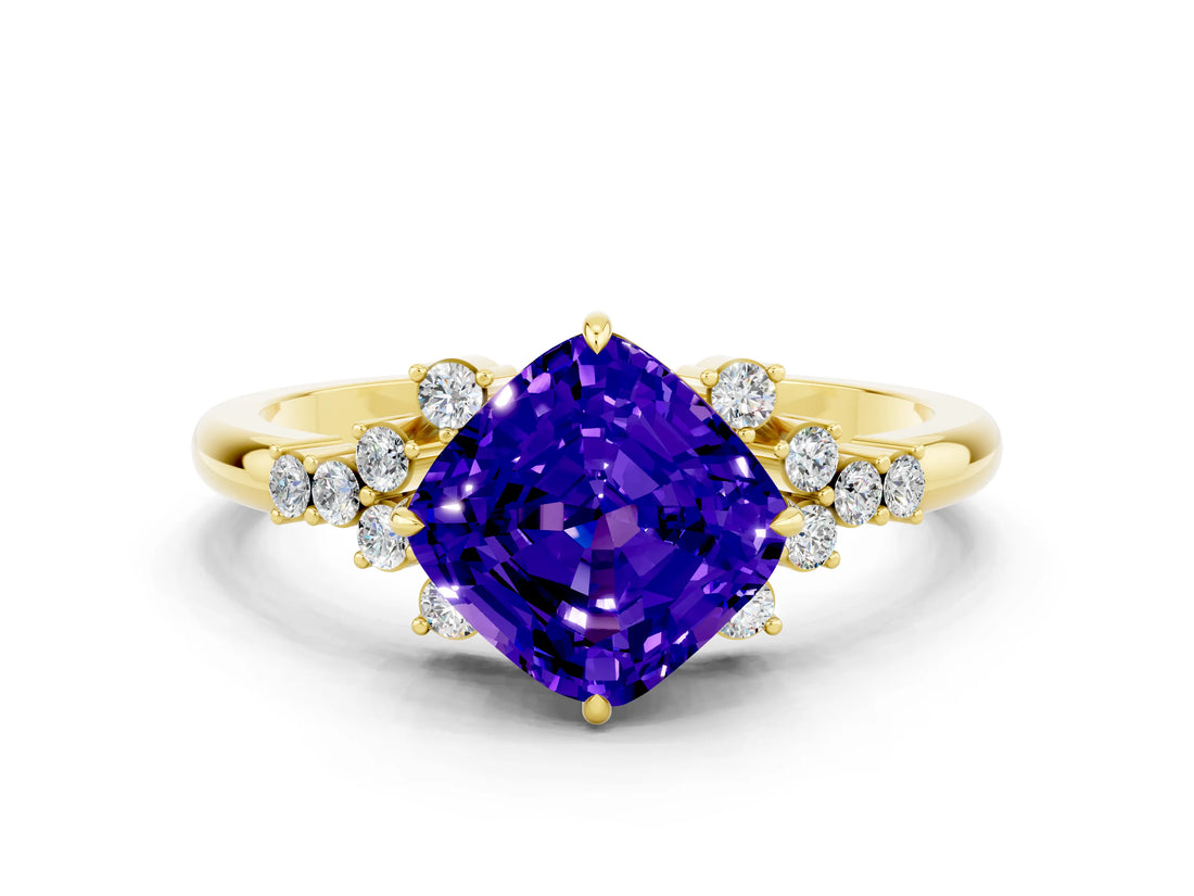 Yellow gold Cushion Cut Tanzanite Ring with Side Stones and Four-Prong Setting_36