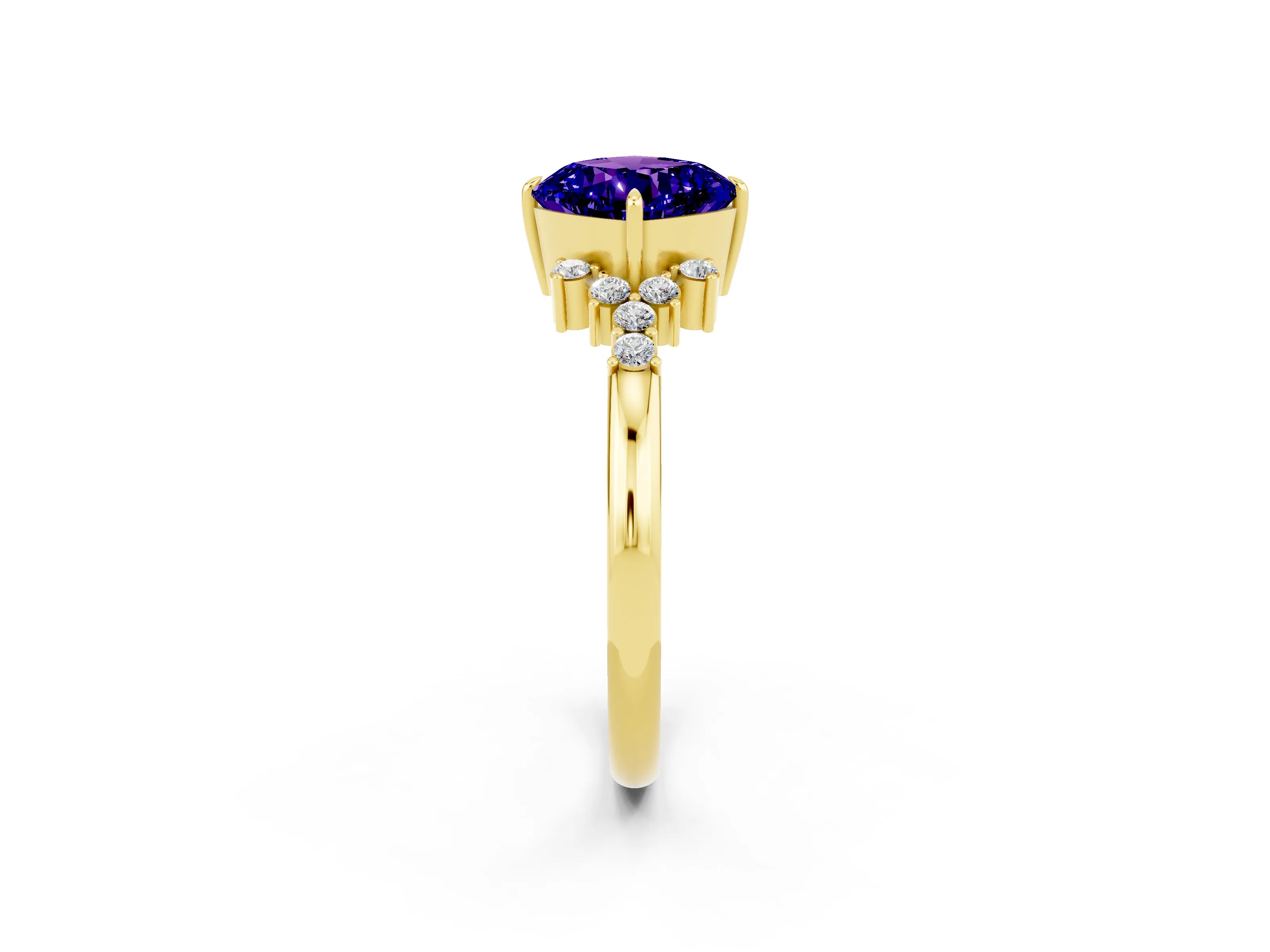 Yellow gold Cushion Cut Tanzanite Ring with Side Stones and Four-Prong Setting_38