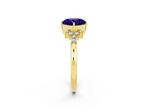 Yellow gold Cushion Cut Tanzanite Ring with Side Stones and Four-Prong Setting