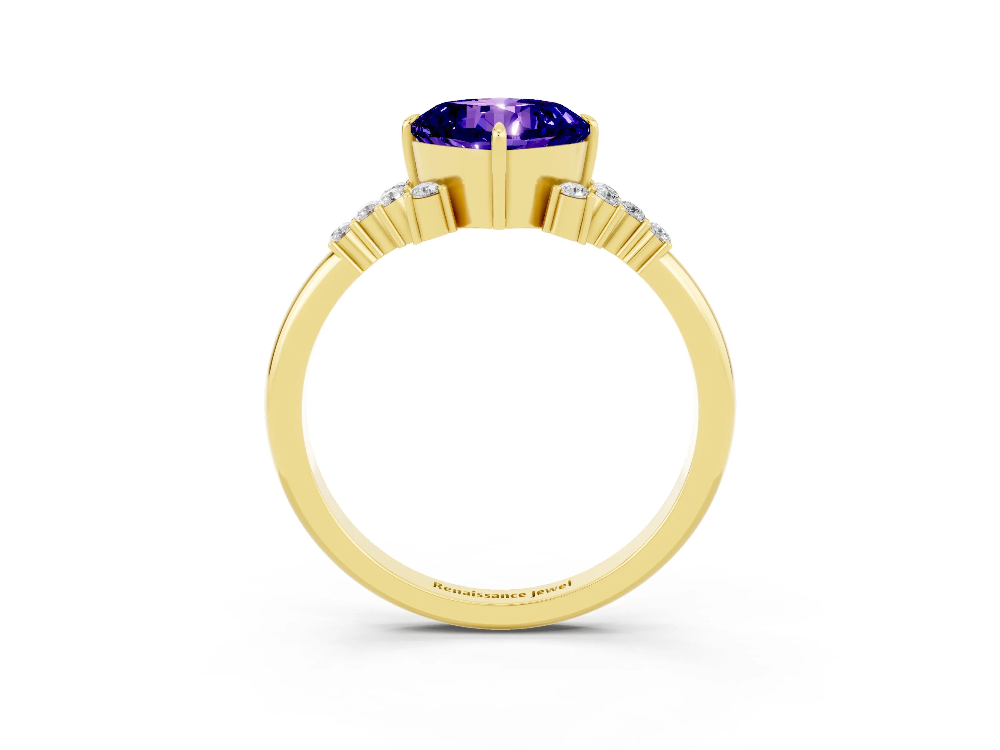 Yellow gold Cushion Cut Tanzanite Ring with Side Stones and Four-Prong Setting_39