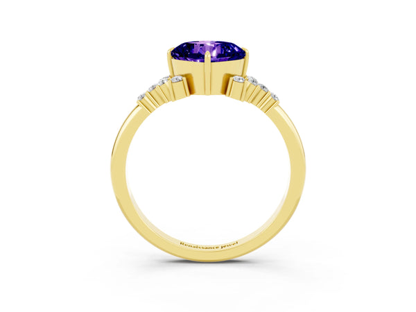 Yellow gold Cushion Cut Tanzanite Ring with Side Stones and Four-Prong Setting