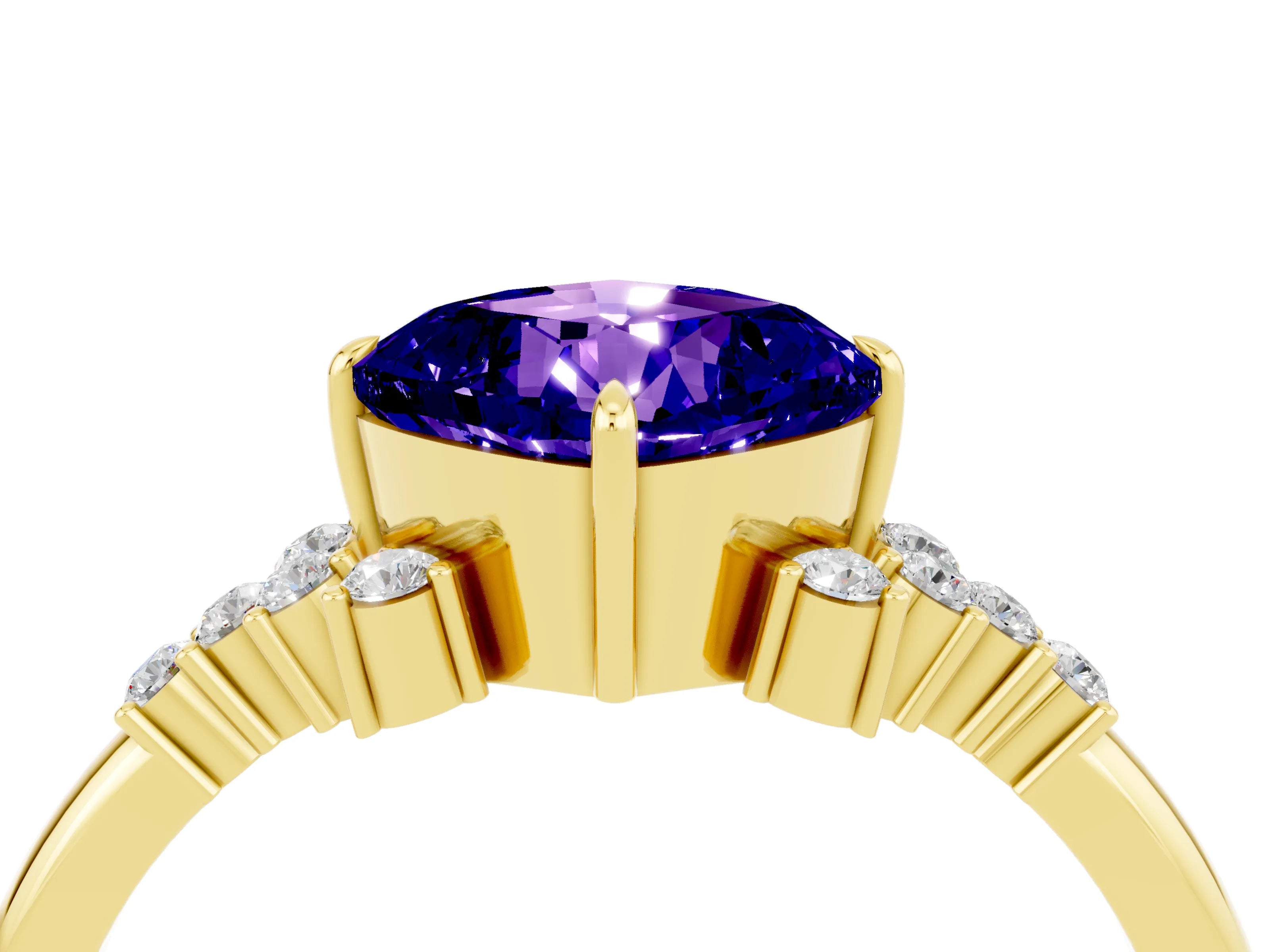 Yellow gold Cushion Cut Tanzanite Ring with Side Stones and Four-Prong Setting_40