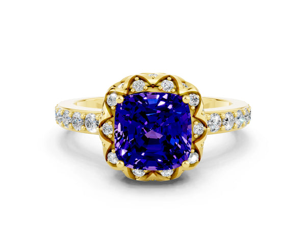 Yellow gold Cushion Cut Tanzanite Scalloped Halo Engagement Ring with Round Shared Prong Band