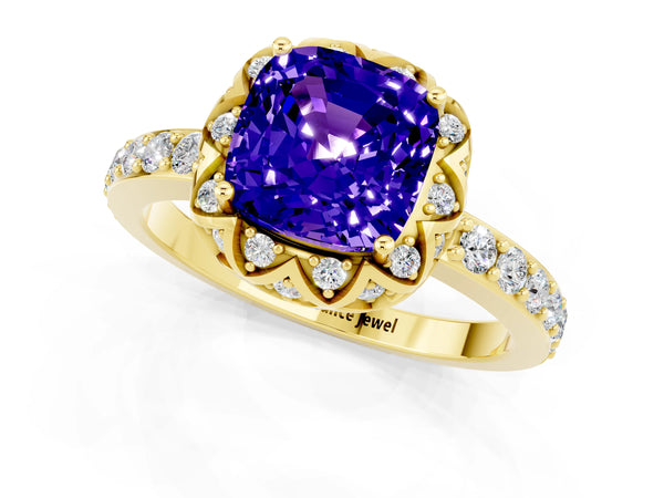 Yellow gold Cushion Cut Tanzanite Scalloped Halo Engagement Ring with Round Shared Prong Band