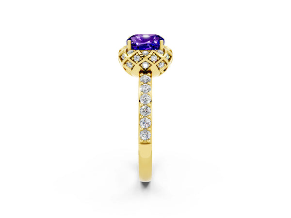 Yellow gold Cushion Cut Tanzanite Scalloped Halo Engagement Ring with Round Shared Prong Band