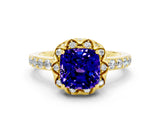 Yellow gold Cushion Cut Tanzanite Scalloped Halo Engagement Ring with Round Shared Prong Band_24
