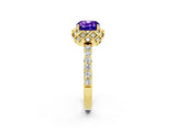 Yellow gold Cushion Cut Tanzanite Scalloped Halo Engagement Ring with Round Shared Prong Band_26