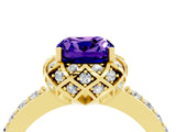 Yellow gold Cushion Cut Tanzanite Scalloped Halo Engagement Ring with Round Shared Prong Band_28