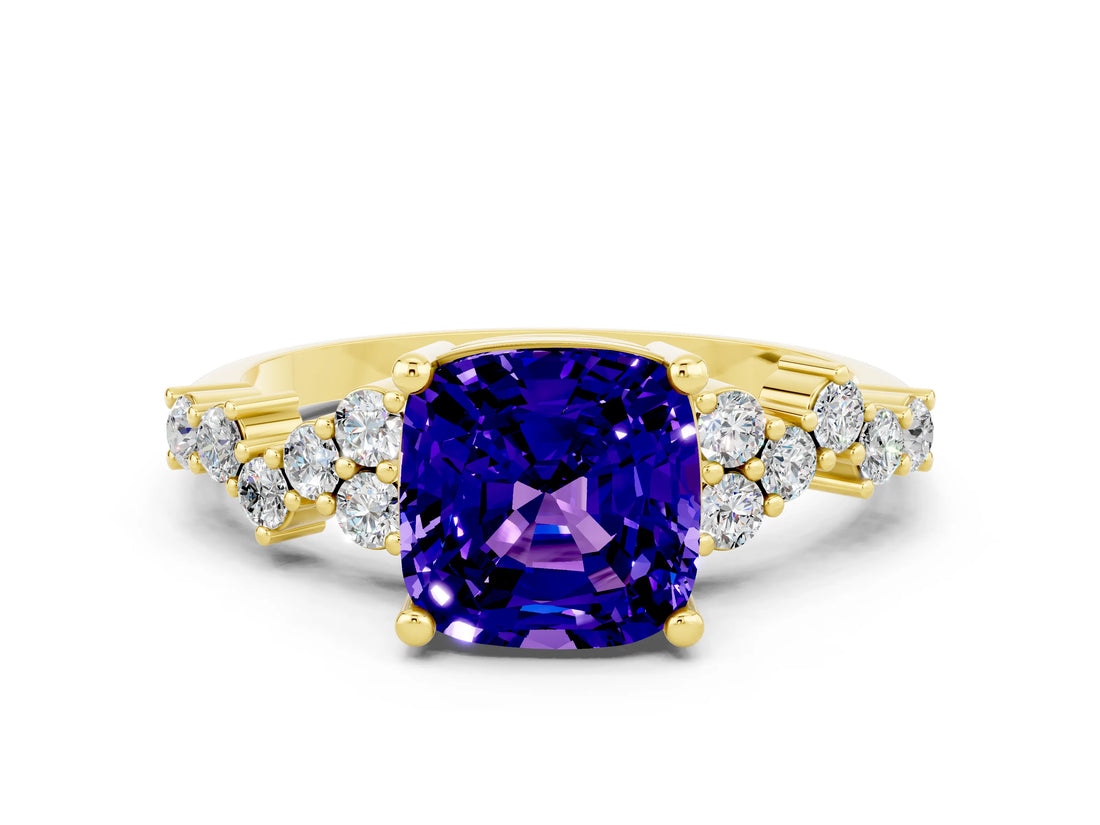 Yellow gold Cushion Cut Tanzanite Scattered Round Accent Ring with Prong Setting_24