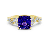 Yellow gold Cushion Cut Tanzanite Scattered Round Accent Ring with Prong Setting_24