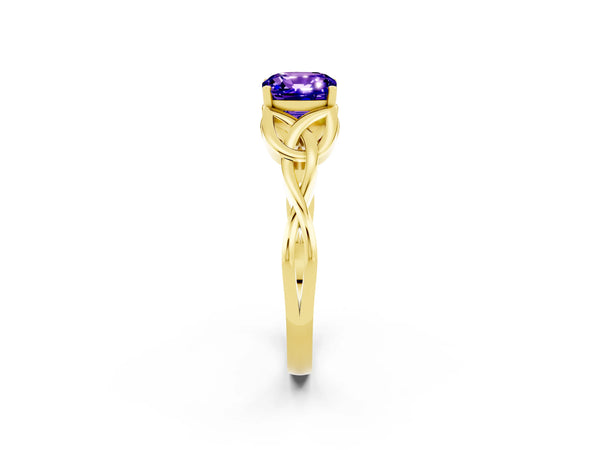 Yellow gold Cushion Cut Tanzanite Solitaire Celtic Knot Ring with Four-Prong Setting