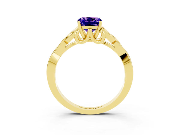 Yellow gold Cushion Cut Tanzanite Solitaire Celtic Knot Ring with Four-Prong Setting