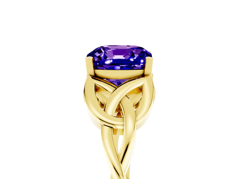 Yellow gold Cushion Cut Tanzanite Solitaire Celtic Knot Ring with Four-Prong Setting_17