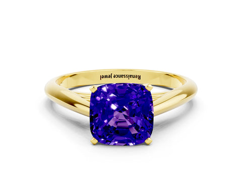 Yellow gold Cushion Cut Tanzanite Solitaire Engagement Ring with Cathedral Setting and Four-Prong Mount_12