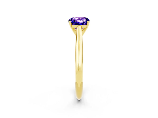 Yellow gold Cushion Cut Tanzanite Solitaire Engagement Ring with Cathedral Setting and Four-Prong Mount