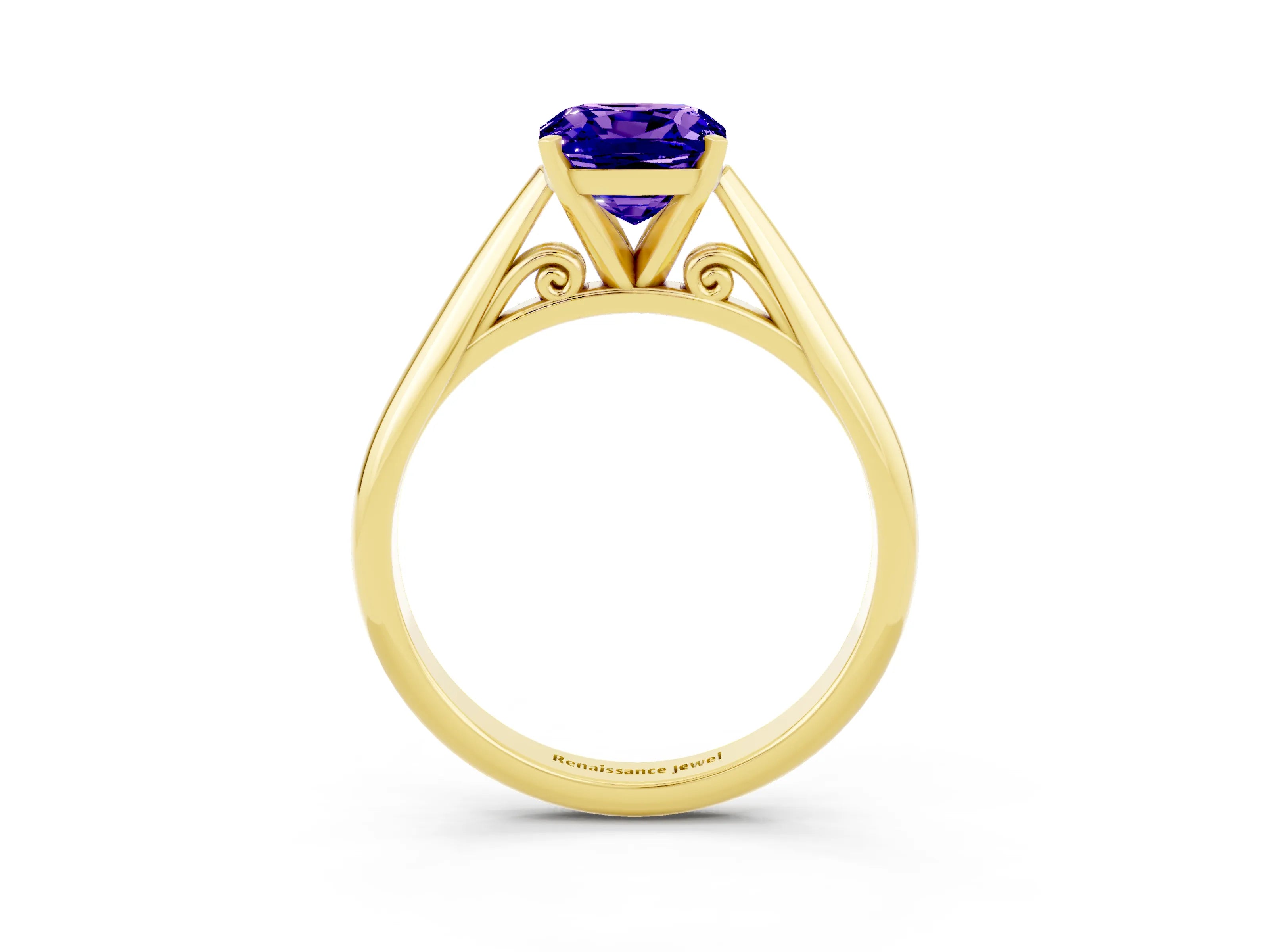 Yellow gold Cushion Cut Tanzanite Solitaire Engagement Ring with Cathedral Setting and Four-Prong Mount_15