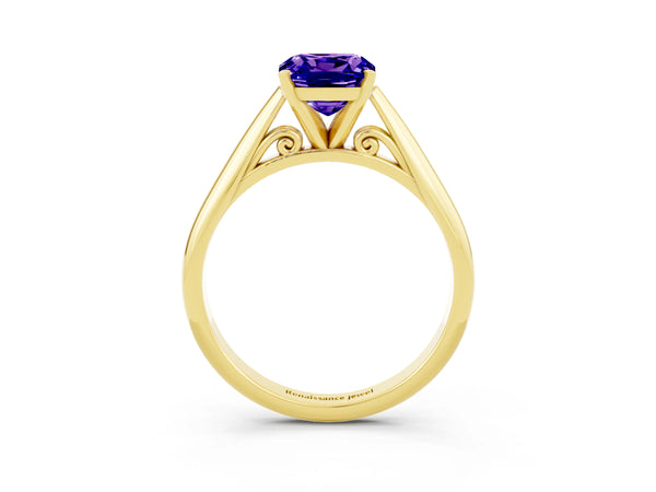 Yellow gold Cushion Cut Tanzanite Solitaire Engagement Ring with Cathedral Setting and Four-Prong Mount