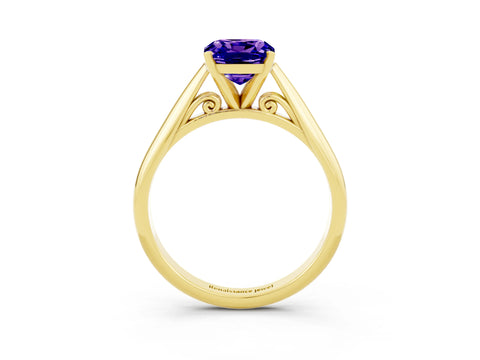 Yellow gold Cushion Cut Tanzanite Solitaire Engagement Ring with Cathedral Setting and Four-Prong Mount_15