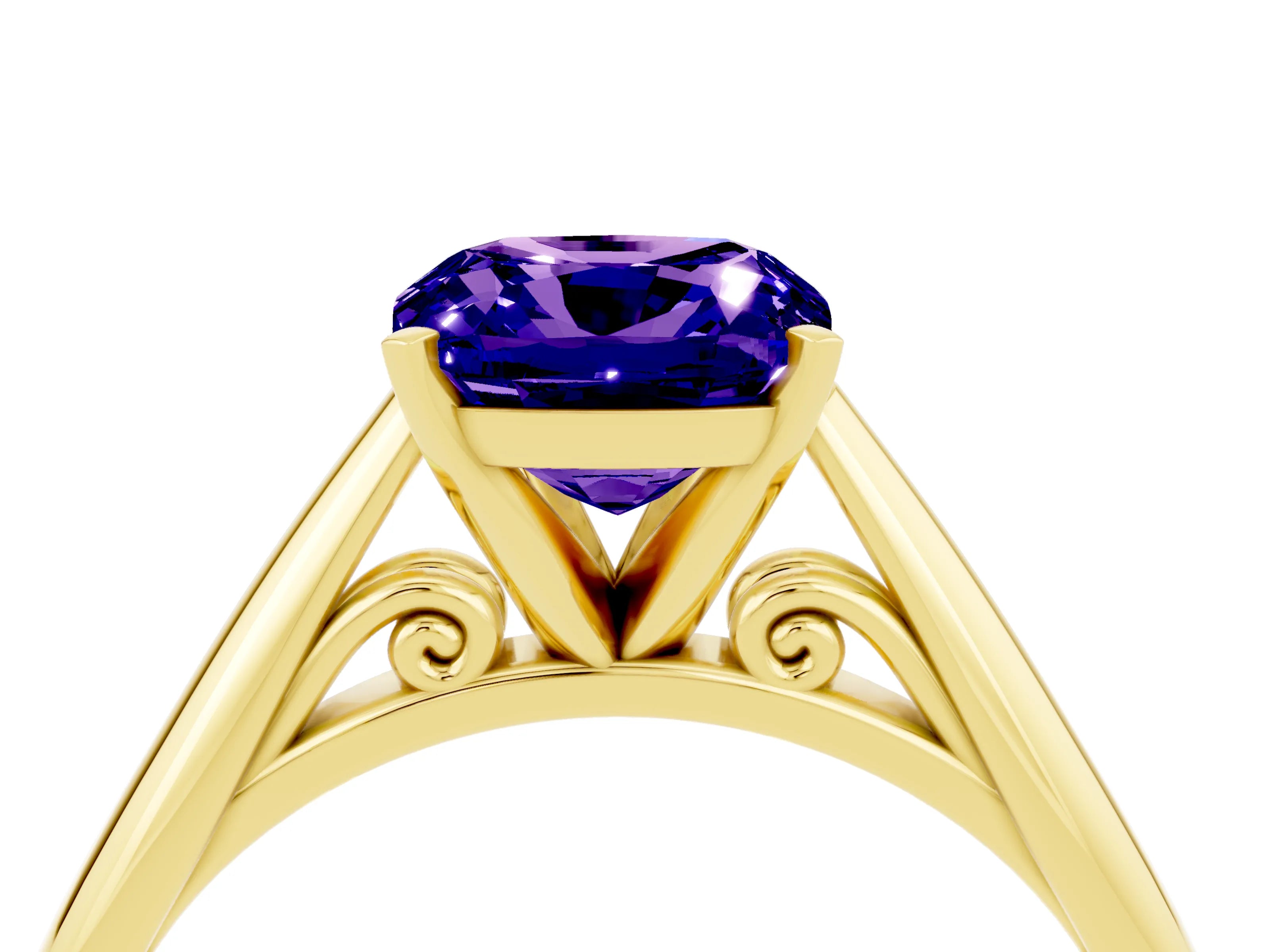 Yellow gold Cushion Cut Tanzanite Solitaire Engagement Ring with Cathedral Setting and Four-Prong Mount_16