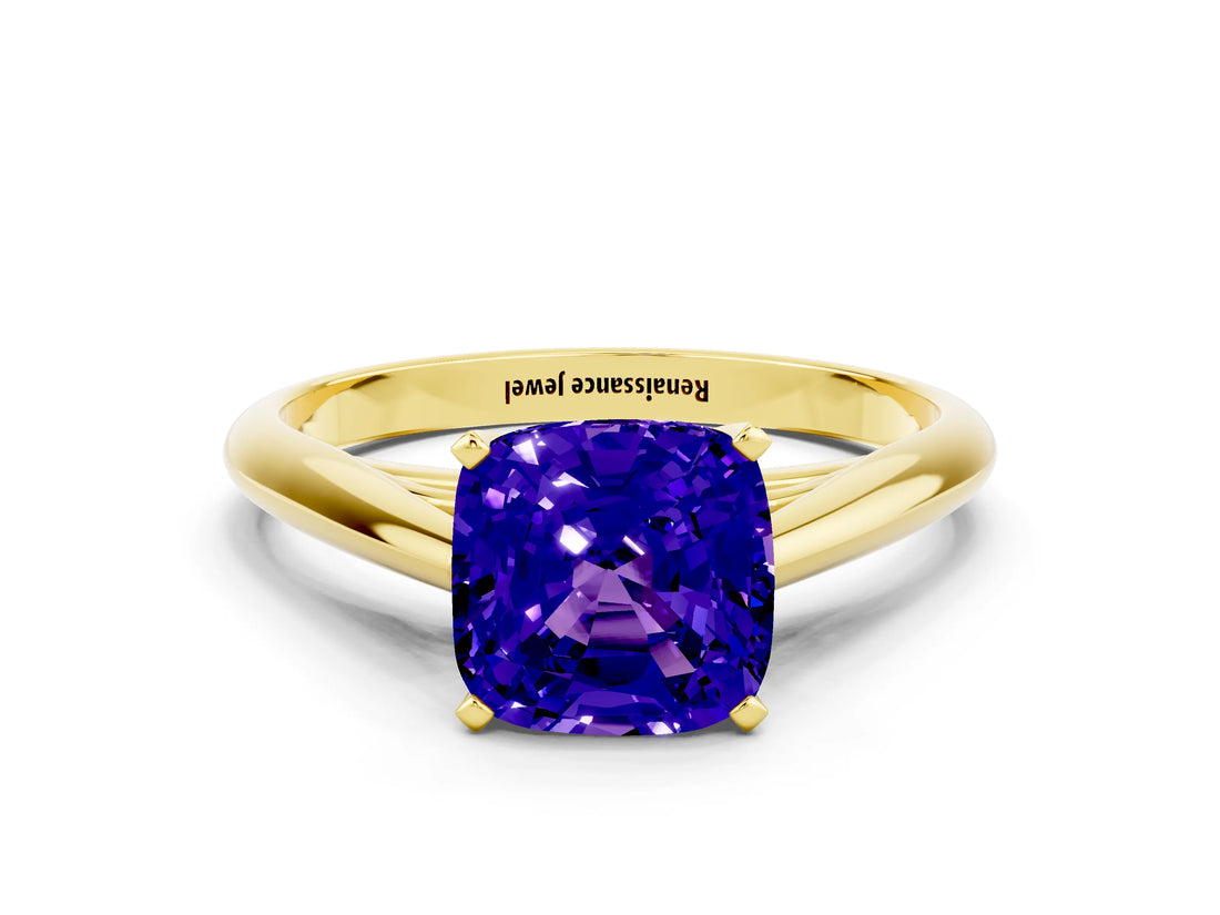 Yellow gold Cushion Cut Tanzanite Solitaire Engagement Ring with Cathedral Setting and Four-Prong Mount_30
