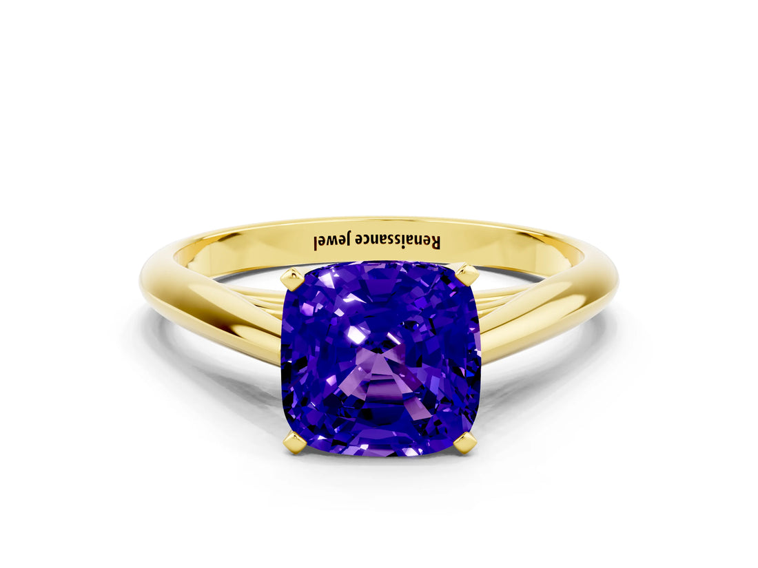 Yellow gold Cushion Cut Tanzanite Solitaire Engagement Ring with Cathedral Setting and Four-Prong Mount_78