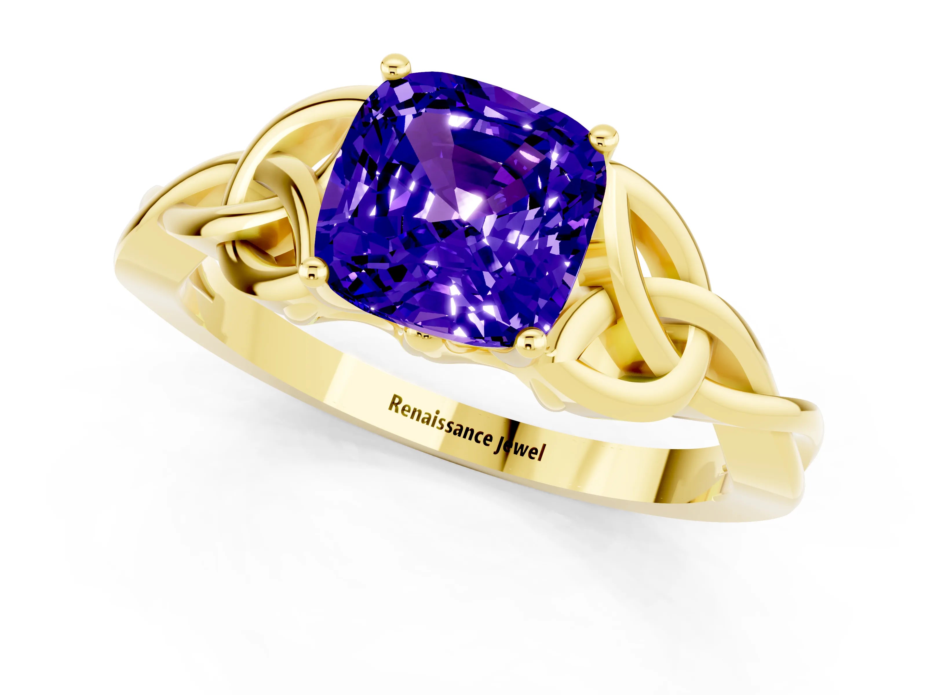 Yellow gold Cushion Cut Tanzanite Solitaire Engagement Ring with Celtic Knot Band and Four-Prong Setting_1