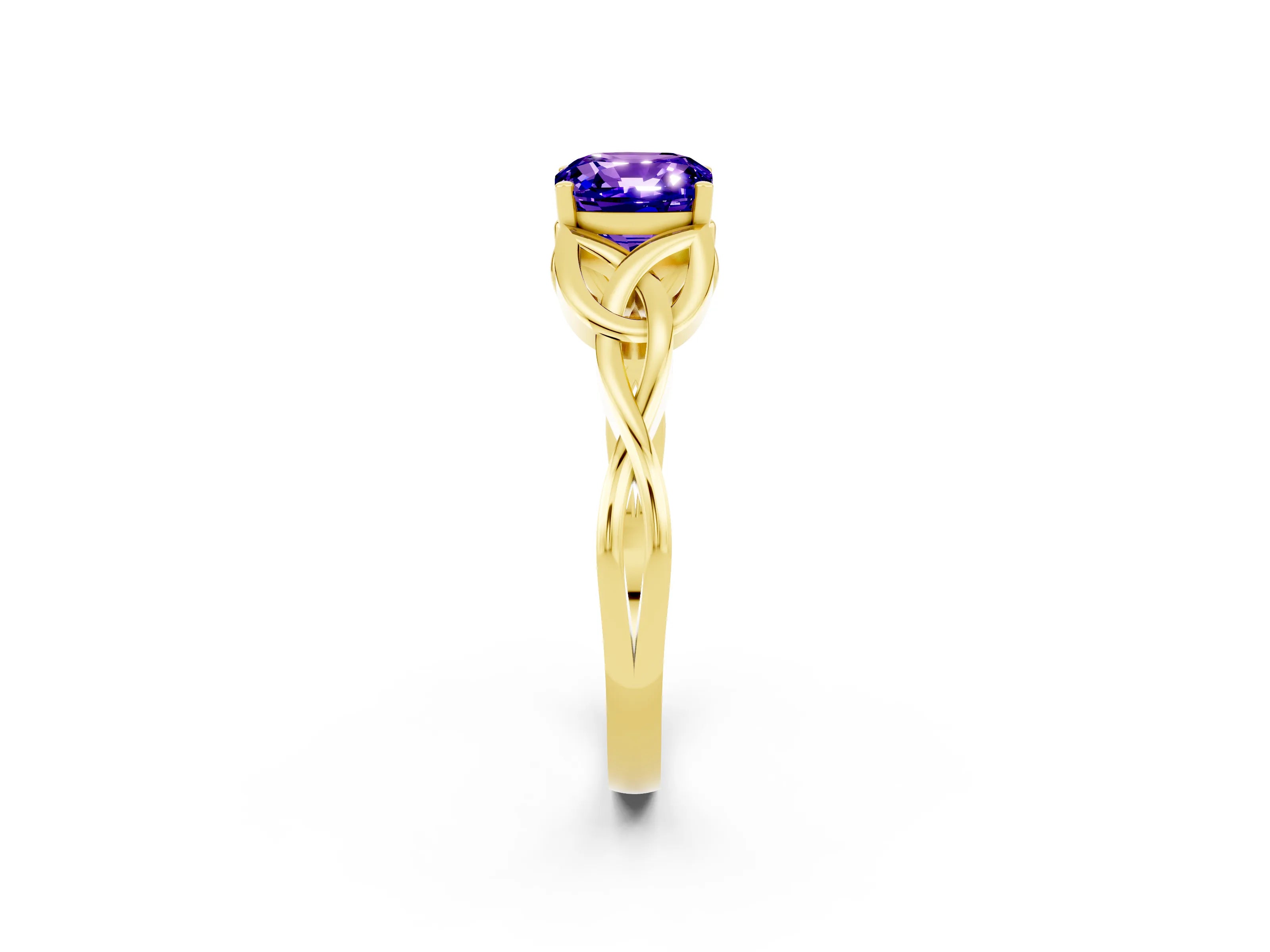 Yellow gold Cushion Cut Tanzanite Solitaire Engagement Ring with Celtic Knot Band and Four-Prong Setting_2