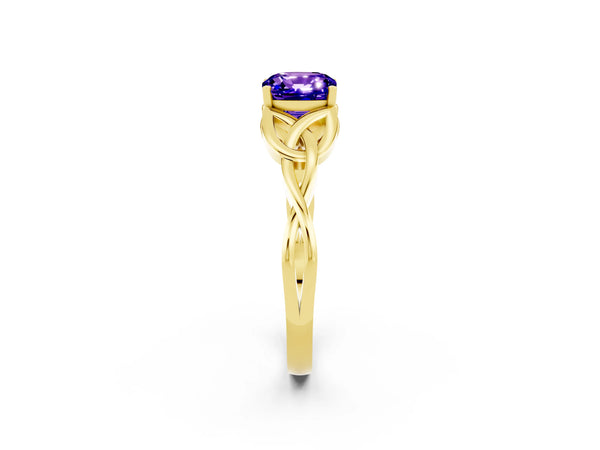 Yellow gold Cushion Cut Tanzanite Solitaire Engagement Ring with Celtic Knot Band and Four-Prong Setting