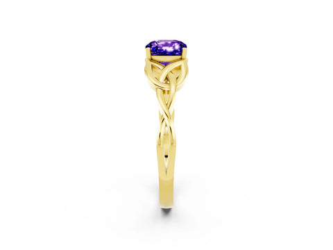 Yellow gold Cushion Cut Tanzanite Solitaire Engagement Ring with Celtic Knot Band and Four-Prong Setting_2