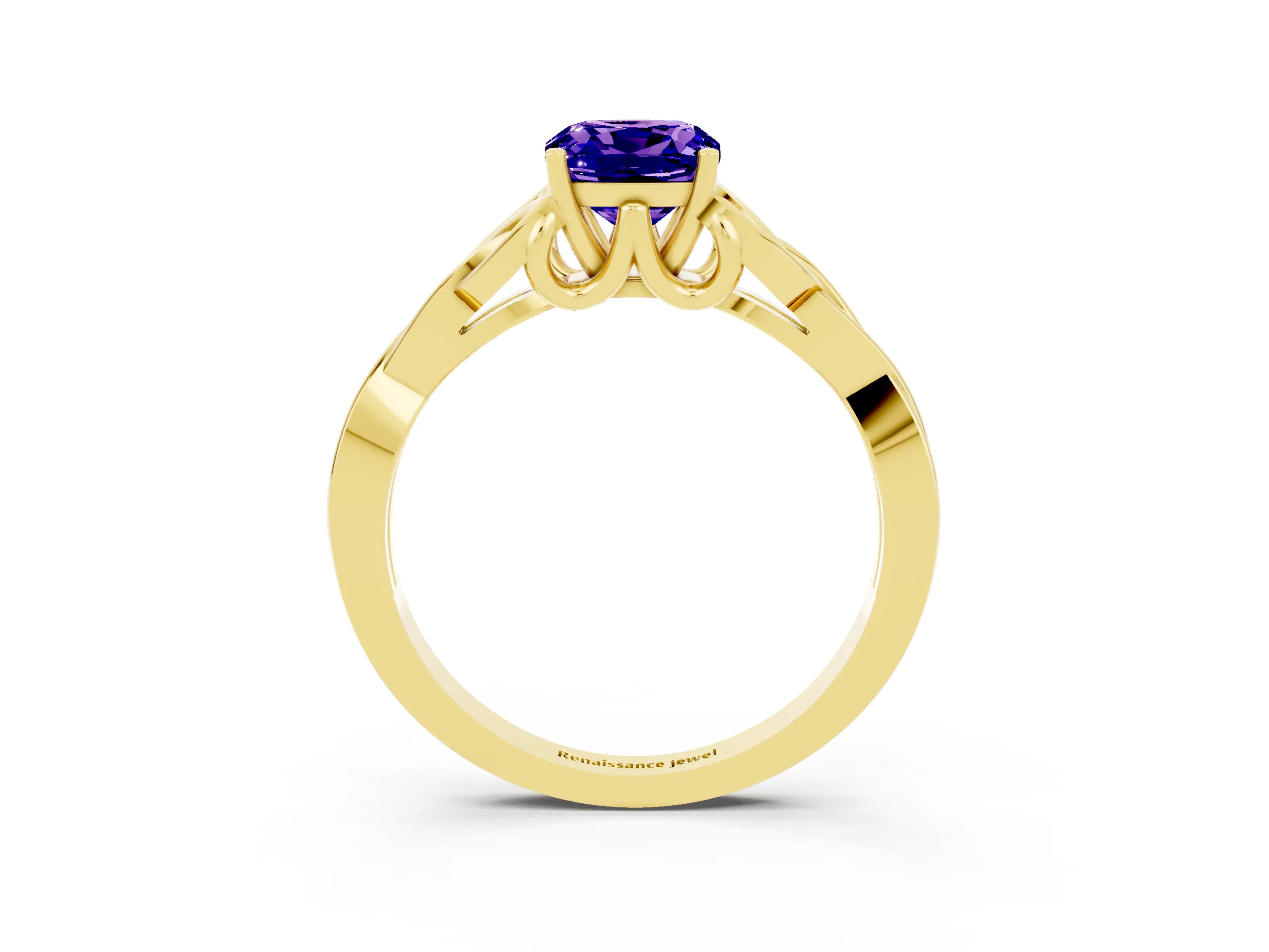 Yellow gold Cushion Cut Tanzanite Solitaire Engagement Ring with Celtic Knot Band and Four-Prong Setting_3