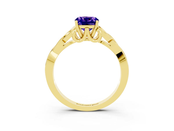 Yellow gold Cushion Cut Tanzanite Solitaire Engagement Ring with Celtic Knot Band and Four-Prong Setting
