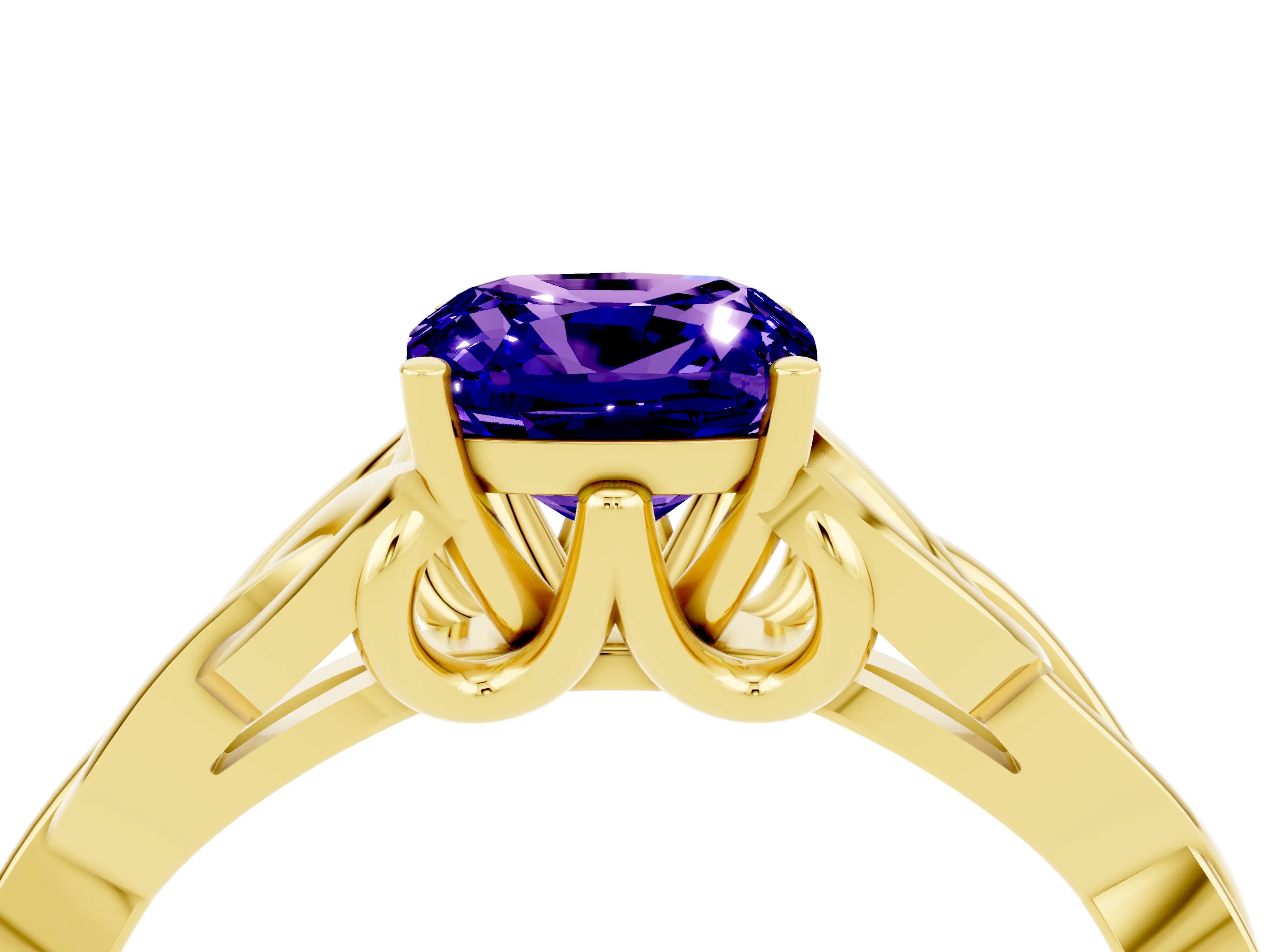 Yellow gold Cushion Cut Tanzanite Solitaire Engagement Ring with Celtic Knot Band and Four-Prong Setting_4