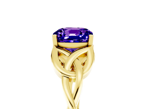 Yellow gold Cushion Cut Tanzanite Solitaire Engagement Ring with Celtic Knot Band and Four-Prong Setting_5
