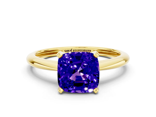 Yellow gold Cushion Cut Tanzanite Solitaire Engagement Ring with Classic Band and Four-Prong Setting