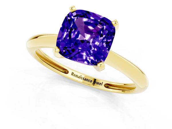 Yellow gold Cushion Cut Tanzanite Solitaire Engagement Ring with Classic Band and Four-Prong Setting