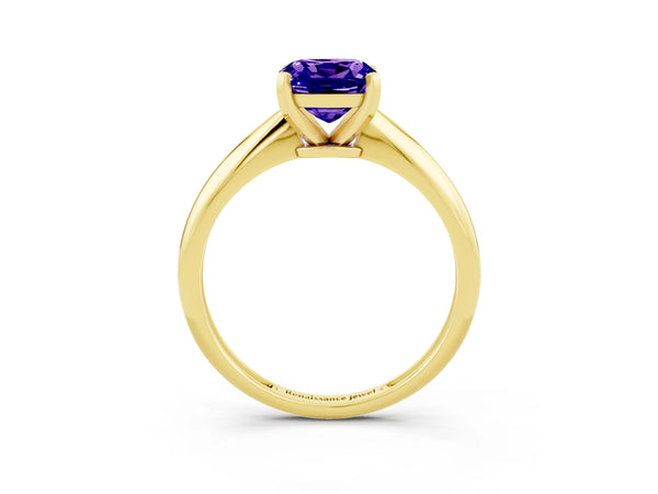 Yellow gold Cushion Cut Tanzanite Solitaire Engagement Ring with Classic Band and Four-Prong Setting