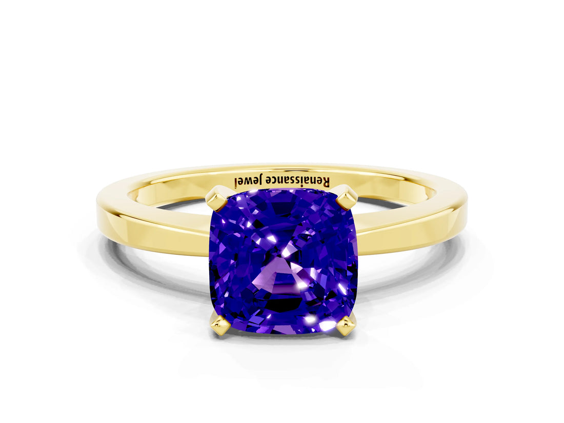 Yellow gold Cushion Cut Tanzanite Solitaire Engagement Ring with Classic Band and Four-Prong Setting_24