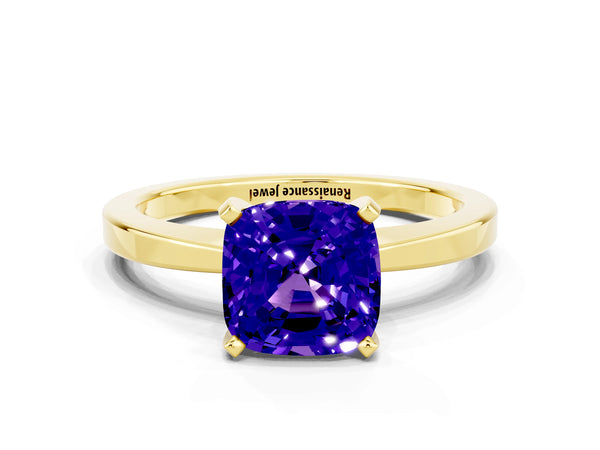 Yellow gold Cushion Cut Tanzanite Solitaire Engagement Ring with Classic Band and Four-Prong Setting
