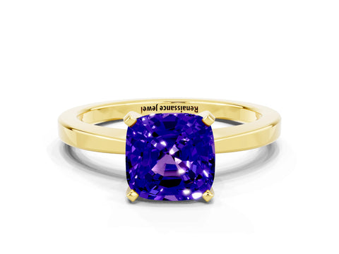 Yellow gold Cushion Cut Tanzanite Solitaire Engagement Ring with Classic Band and Four-Prong Setting_24