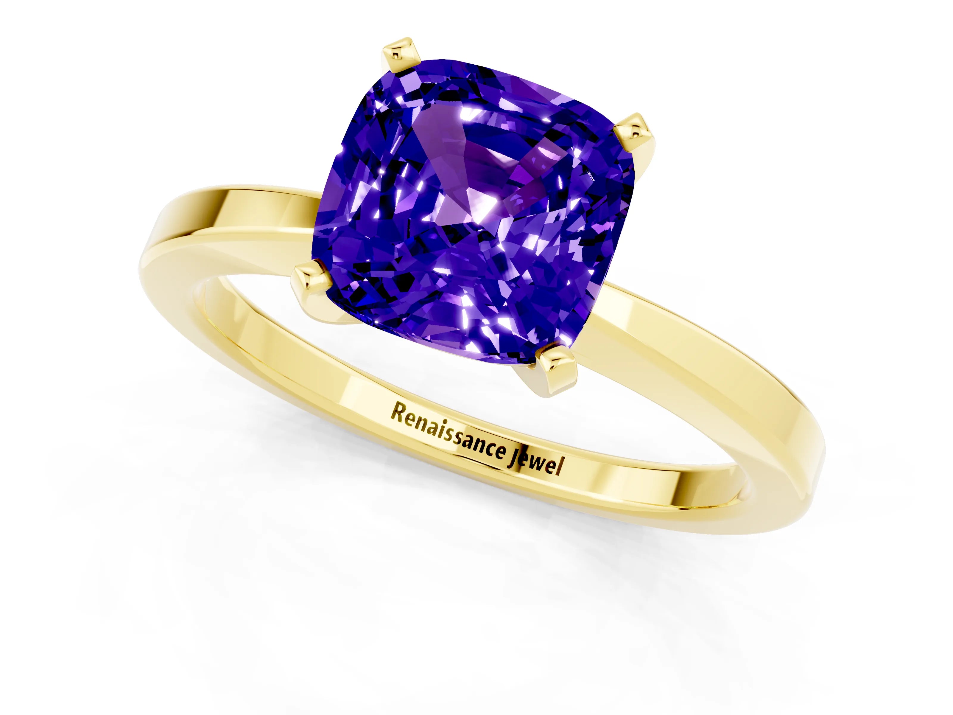 Yellow gold Cushion Cut Tanzanite Solitaire Engagement Ring with Classic Band and Four-Prong Setting_25