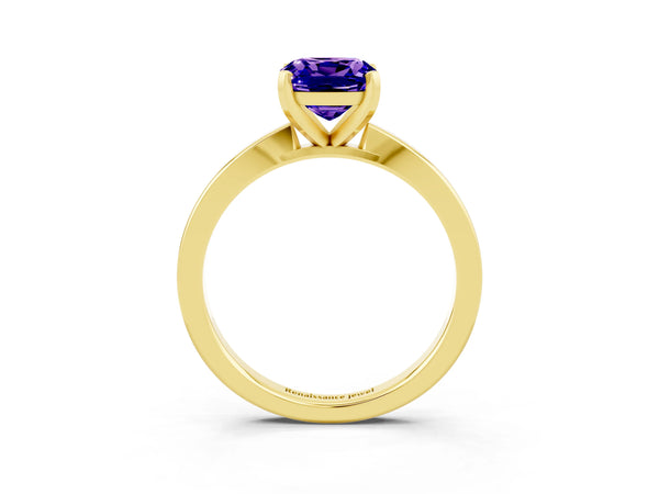 Yellow gold Cushion Cut Tanzanite Solitaire Engagement Ring with Classic Band and Four-Prong Setting