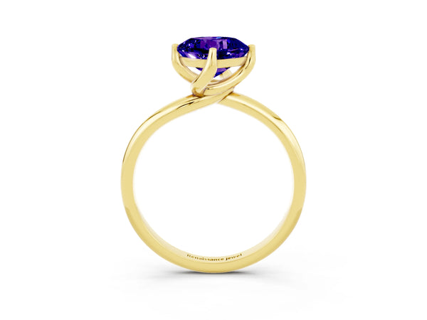 Yellow gold Cushion Cut Tanzanite Solitaire Engagement Ring with Four-Prong Setting and Classic Band