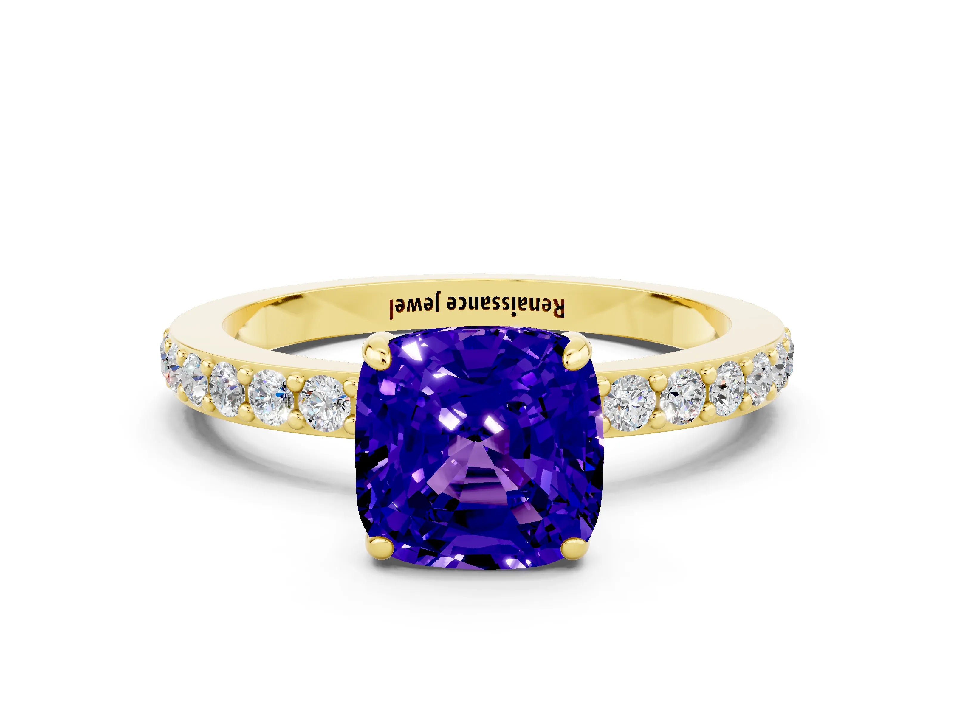 Yellow gold Cushion Cut Tanzanite Solitaire Engagement Ring with Pavé Band and Four-Prong Setting
